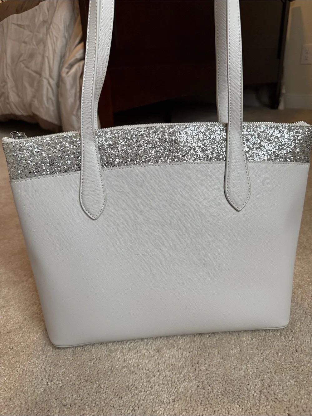 NWOT kate spade White Tote with Silver Glitter Trim